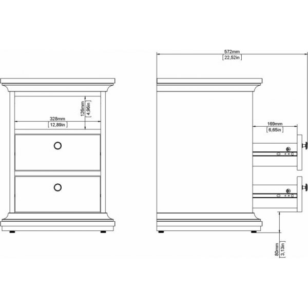 Paris schmaler Nachttisch mit 2 Schubladen und 1 offenem Fach - Wei