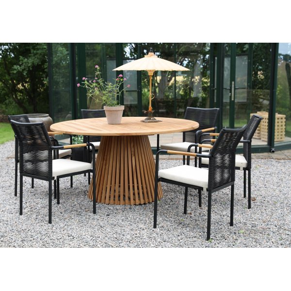 Gartengruppe; Tisch Ø150 cm mit 6 Stühlen - Teak/Schwarz Gartengruppe; Tisch Ø150 cm mit 6 Stühlen - Teak/Schwarz