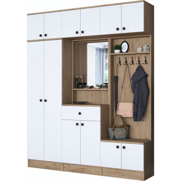 Mendy Flurmbel 180 cm mit Oberschrank - Wei/Walnuss