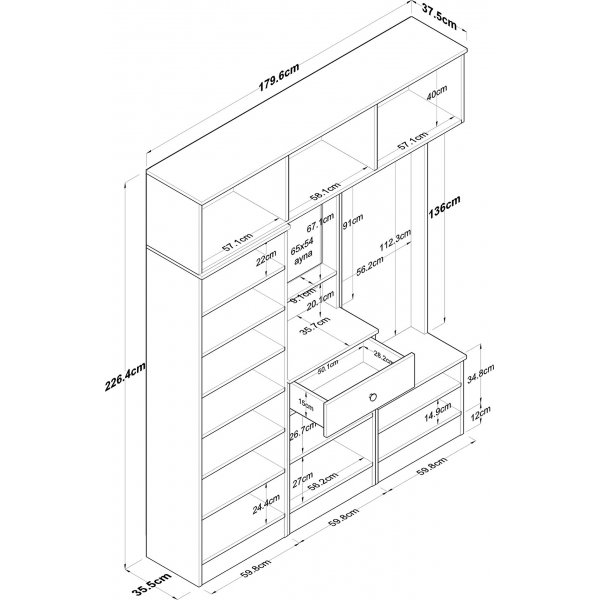 Mendy Flurmbel 180 cm mit Oberschrank - Wei/Walnuss