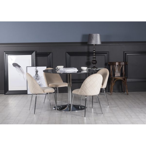 Plaza Esstischset, Marmortisch mit 4 Plaza Samtsthlen - Beige/Grau/Chrom