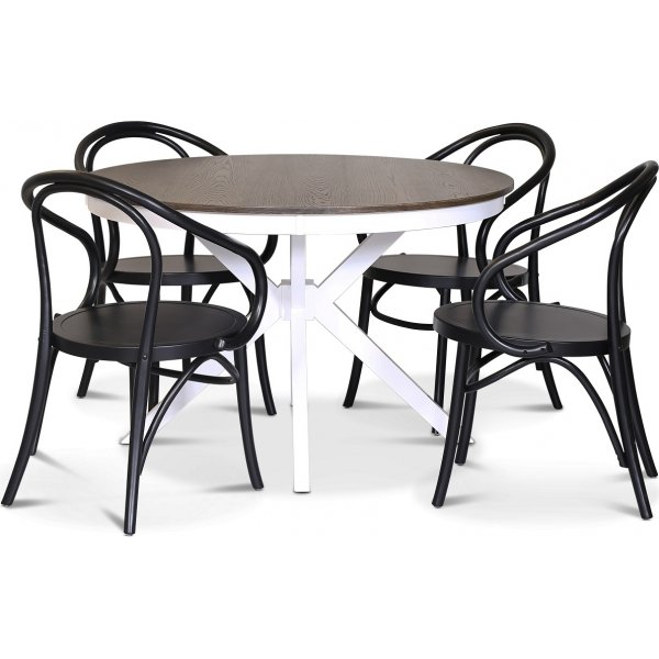 Lebensmittelgruppe Skagen; runder Esstisch 120 cm - Eiche wei / braun gebeizt mit 4 Danderyd No.30 Sthlen Schwarz