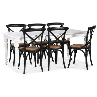 Paris Essgruppe 180 cm Tisch weiß + 6 schwarze Gaston Esszimmerstühle