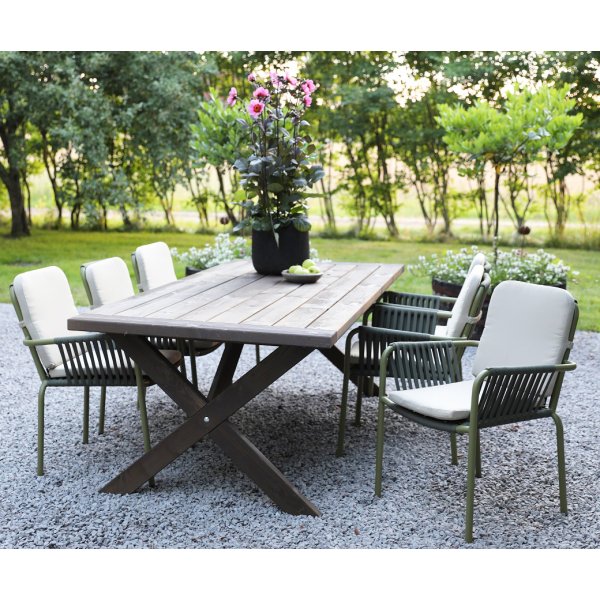 Oxford-Speisegruppe im Freien; tan Tisch 220 cm inkl. 6 Lincoln Stapelstühle grün/beige