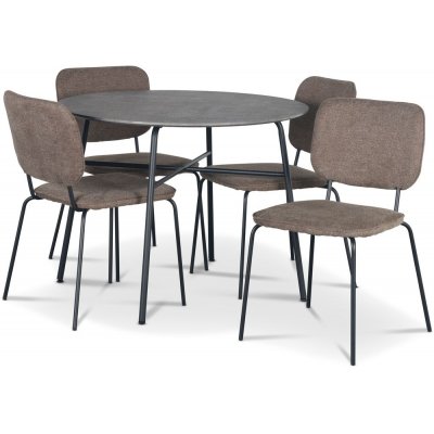 Tufta Essgruppe Ø100 cm Tisch aus Betonimitat + 4 braune Lokrume-Stühle