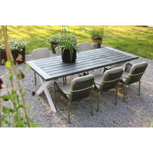 Oxford-Speisegruppe im Freien; grau/wei Tisch 220 cm inkl. 6 Lincoln Stapelsthle grn/beige