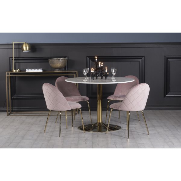 Plaza Esstischset, Marmortisch mit 4 Plaza Samtsthlen - Pink/White/Brass