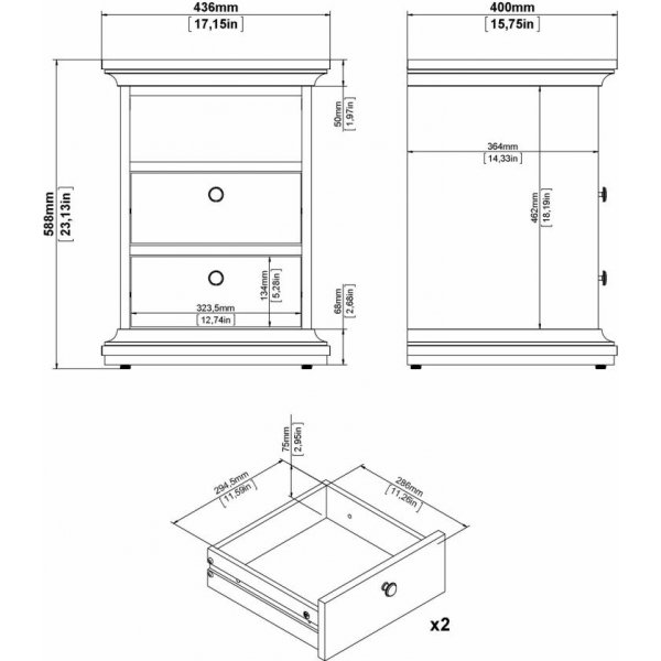 Paris schmaler Nachttisch mit 2 Schubladen und 1 offenem Fach - Grau