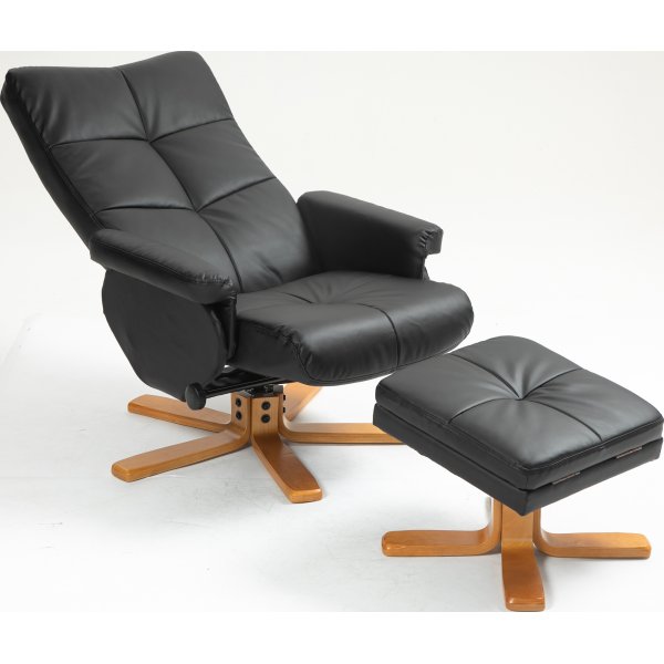 Duva Liegesessel mit Fuhocker aus schwarzem PU mit braunen Beinen