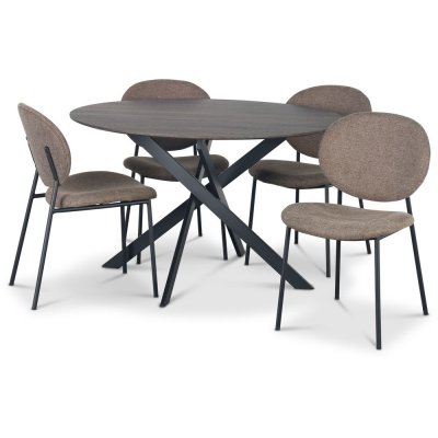 Hogrän Essgruppe Ø120 cm Tisch aus dunklem Holz + 4 getuftete braune Stühle