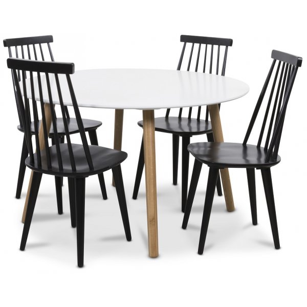 Rosvik Essgruppe Runder Tisch wei/Eiche mit 4 schwarzen Dalsland Sthlen