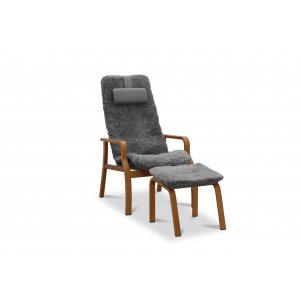 Relaxsessel mit Fußhocker in echtem Schaffell Eiche/Grau - Frank Relaxsessel mit Fußhocker in echtem Schaffell Eiche/Grau - Frank