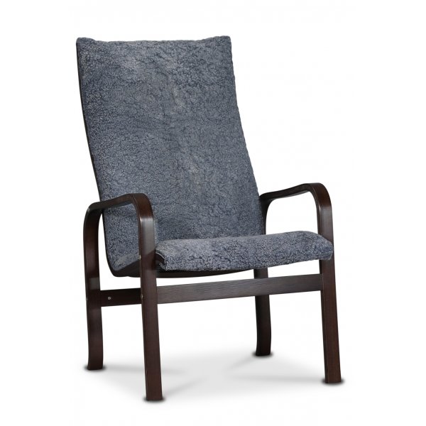 Fushion Sessel in Skandinaviengrau aus Schaffell - Nussbaum dunkel + Textilreinigung fr Mbel