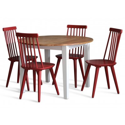 Dalsland-Essgruppe: Runder Tisch in Eiche / Wei mit 4 roten Pinnstola