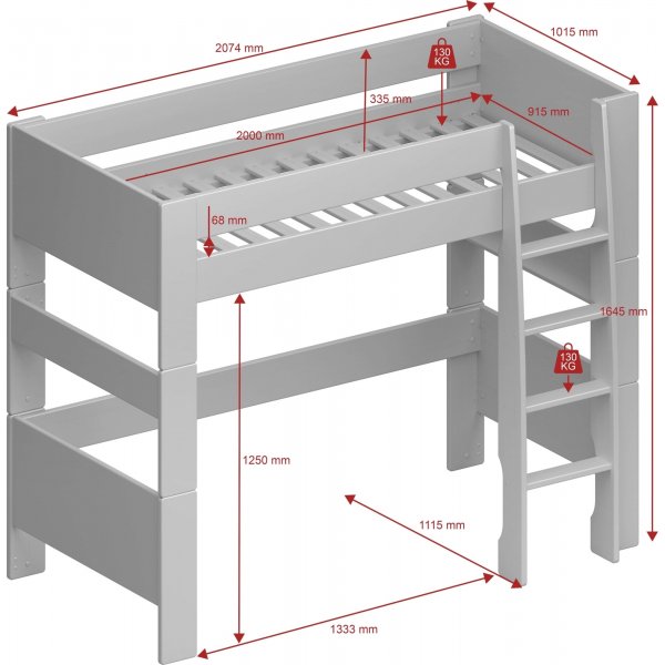 Hochbett fr Kinder 90 x 200 cm - Wei/Grau/Braun
