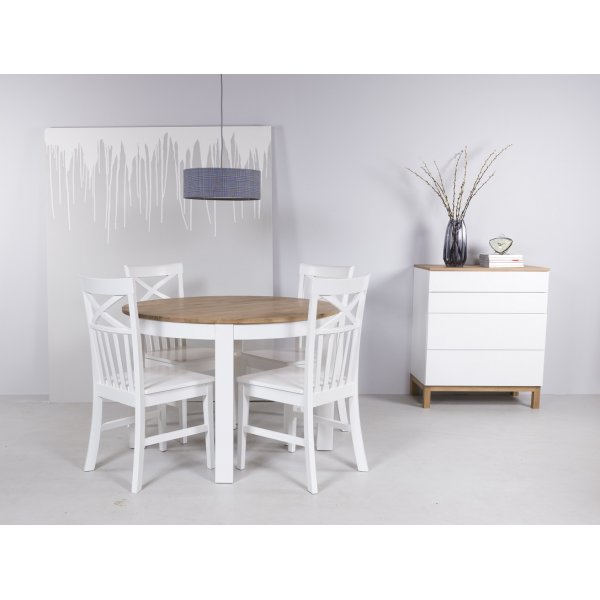 Dalarö-Essgruppe rund um den Tisch weiß/Eiche + 4 Mellby-Stühle Dalarö-Essgruppe rund um den Tisch weiß/Eiche + 4 Mellby-Stühle