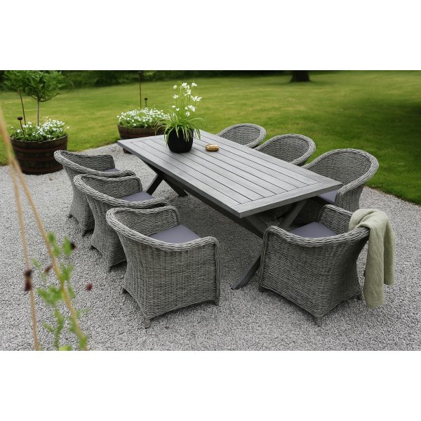 Oxford-Speisegruppe im Freien; grauer Tisch 220 cm inkl. 6 Mercury-Sessel graues synthetisches Rattan