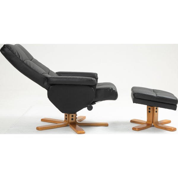 Duva Liegesessel mit Fuhocker aus schwarzem PU mit braunen Beinen