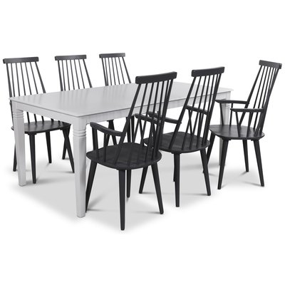 Mellby Essgruppe 180 cm Tisch mit 6 grauen Dalsland Rohrstühlen mit Armlehnen