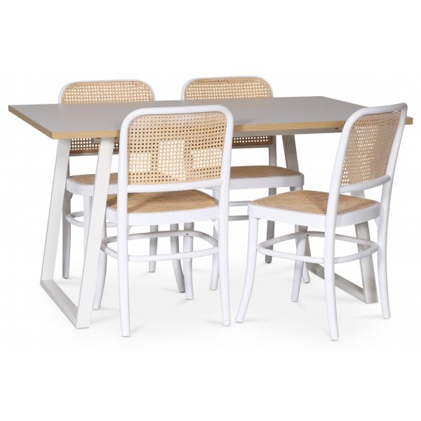 Edge-Essgruppe; Esstisch in weiem HPL 140x90 cm mit 4 weien Tyko-Sthlen mit Rattan