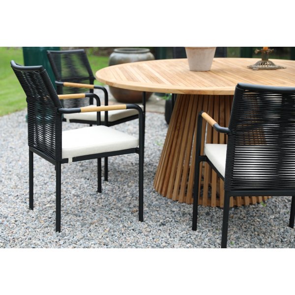 Gartengruppe; Tisch Ø150 cm mit 6 Stühlen - Teak/Schwarz Gartengruppe; Tisch Ø150 cm mit 6 Stühlen - Teak/Schwarz