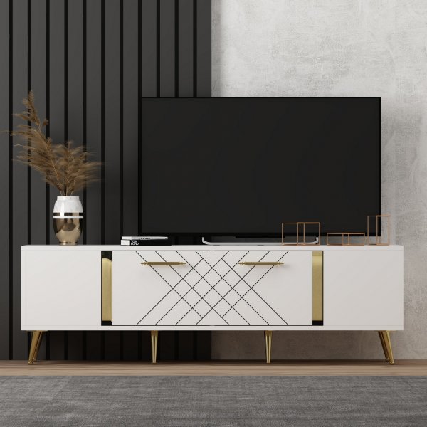 Weie Medienbank mit goldenen Details - 150 cm