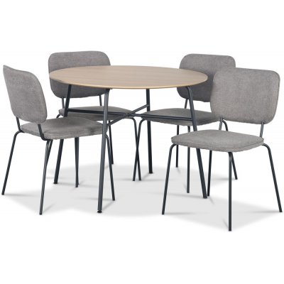 Tufta Essgruppe Ø100 cm Tisch aus hellem Holz + 4 Lokrume graue Stühle