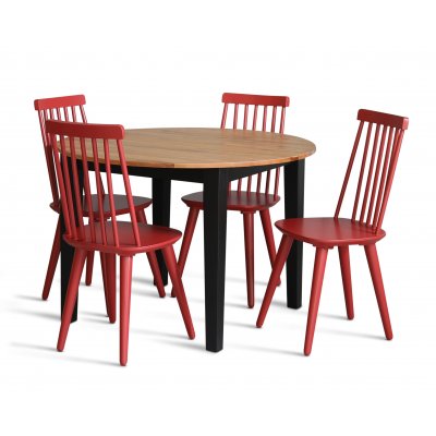 Dalsland-Essgruppe: Runder Tisch in Eiche / Schwarz mit 4 roten Pinnstola