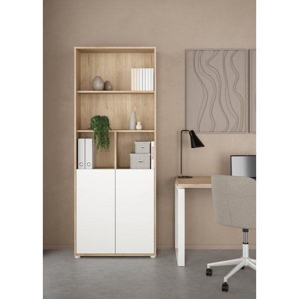 Sign hohes B�cherregal mit 2 T�ren - Wei�/Hickory