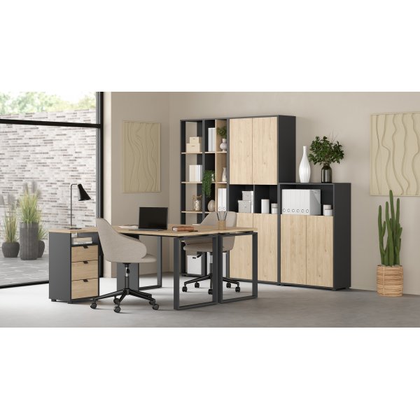 Sign hohes B�cherregal mit 4 T�ren - Mattgrau/Hickory